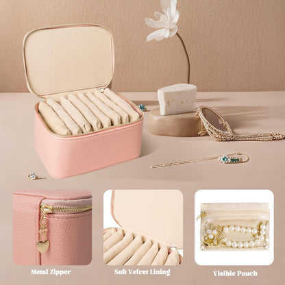 Travel Jewelry Case, Small Travel Jewelry Box with 6 Velvet Jewelry Bag Mini Pouch, Portable Travel Jewelry Organizer for Rings Earrings Necklaces, Beauty Gifts for Women Girls (Beige)