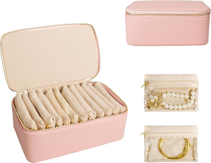 Travel Jewelry Case, Small Travel Jewelry Box with 6 Velvet Jewelry Bag Mini Pouch, Portable Travel Jewelry Organizer for Rings Earrings Necklaces, Beauty Gifts for Women Girls (Beige)