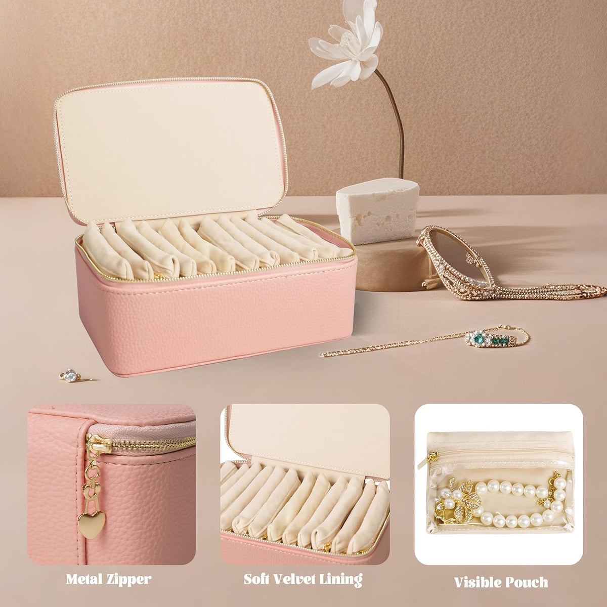 Travel Jewelry Case, Small Travel Jewelry Box with 6 Velvet Jewelry Bag Mini Pouch, Portable Travel Jewelry Organizer for Rings Earrings Necklaces, Beauty Gifts for Women Girls (Beige)