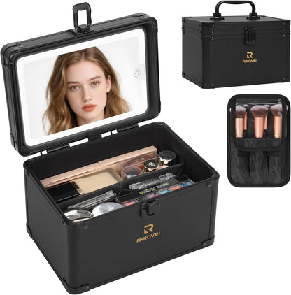 Travel Makeup Bag With LED Mirror, Cosmetic Train Case with Light up Mirror, Portable Makeup Artist Organizer Bag with Adjustable Dividers, Makeup Brush Holder Storage, Black