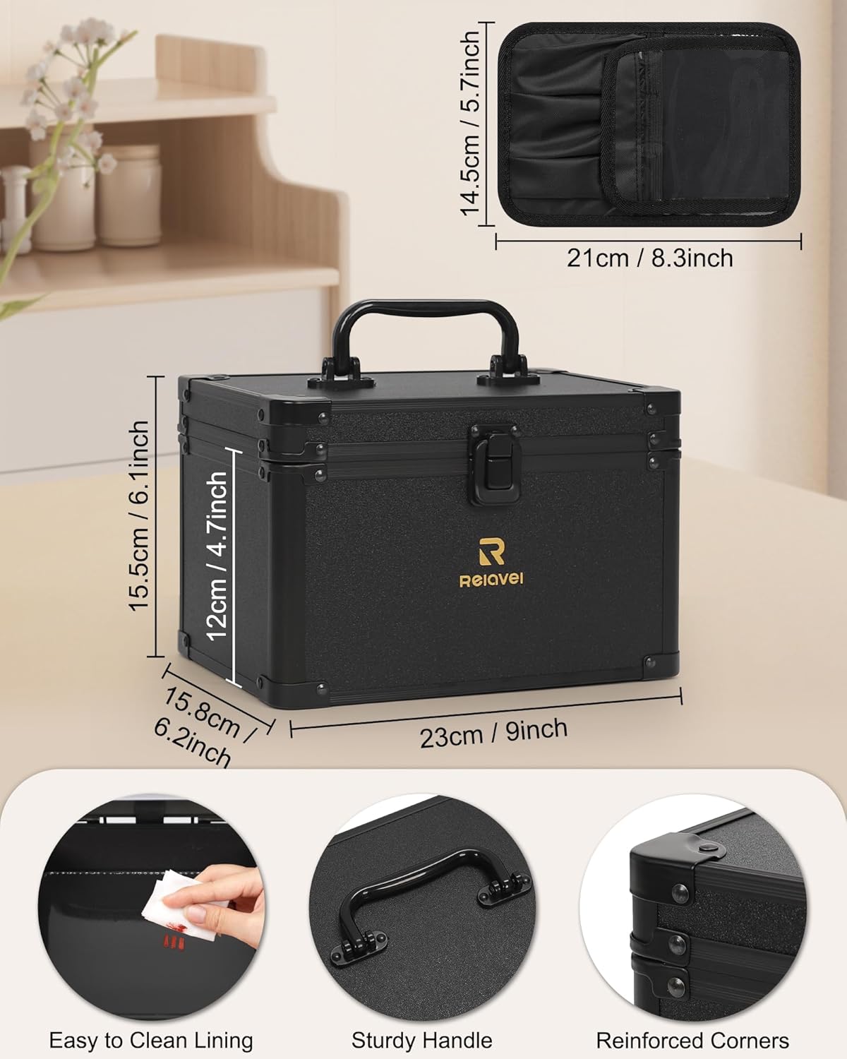 Travel Makeup Bag With LED Mirror, Cosmetic Train Case with Light up Mirror, Portable Makeup Artist Organizer Bag with Adjustable Dividers, Makeup Brush Holder Storage, Black