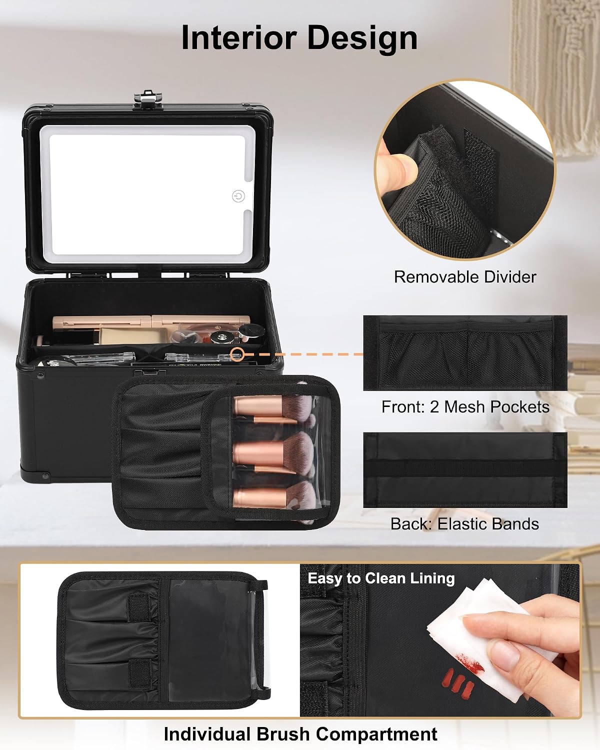 Travel Makeup Bag With LED Mirror, Cosmetic Train Case with Light up Mirror, Portable Makeup Artist Organizer Bag with Adjustable Dividers, Makeup Brush Holder Storage, Black