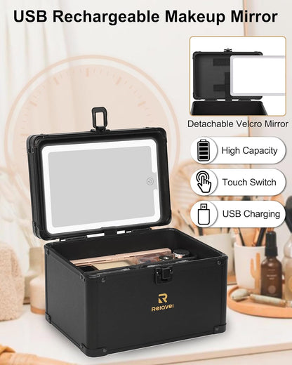 Travel Makeup Bag With LED Mirror, Cosmetic Train Case with Light up Mirror, Portable Makeup Artist Organizer Bag with Adjustable Dividers, Makeup Brush Holder Storage, Black