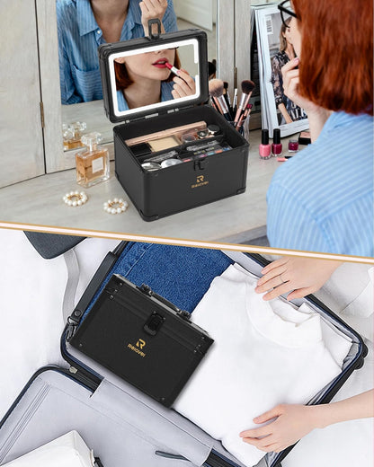 Travel Makeup Bag With LED Mirror, Cosmetic Train Case with Light up Mirror, Portable Makeup Artist Organizer Bag with Adjustable Dividers, Makeup Brush Holder Storage, Black