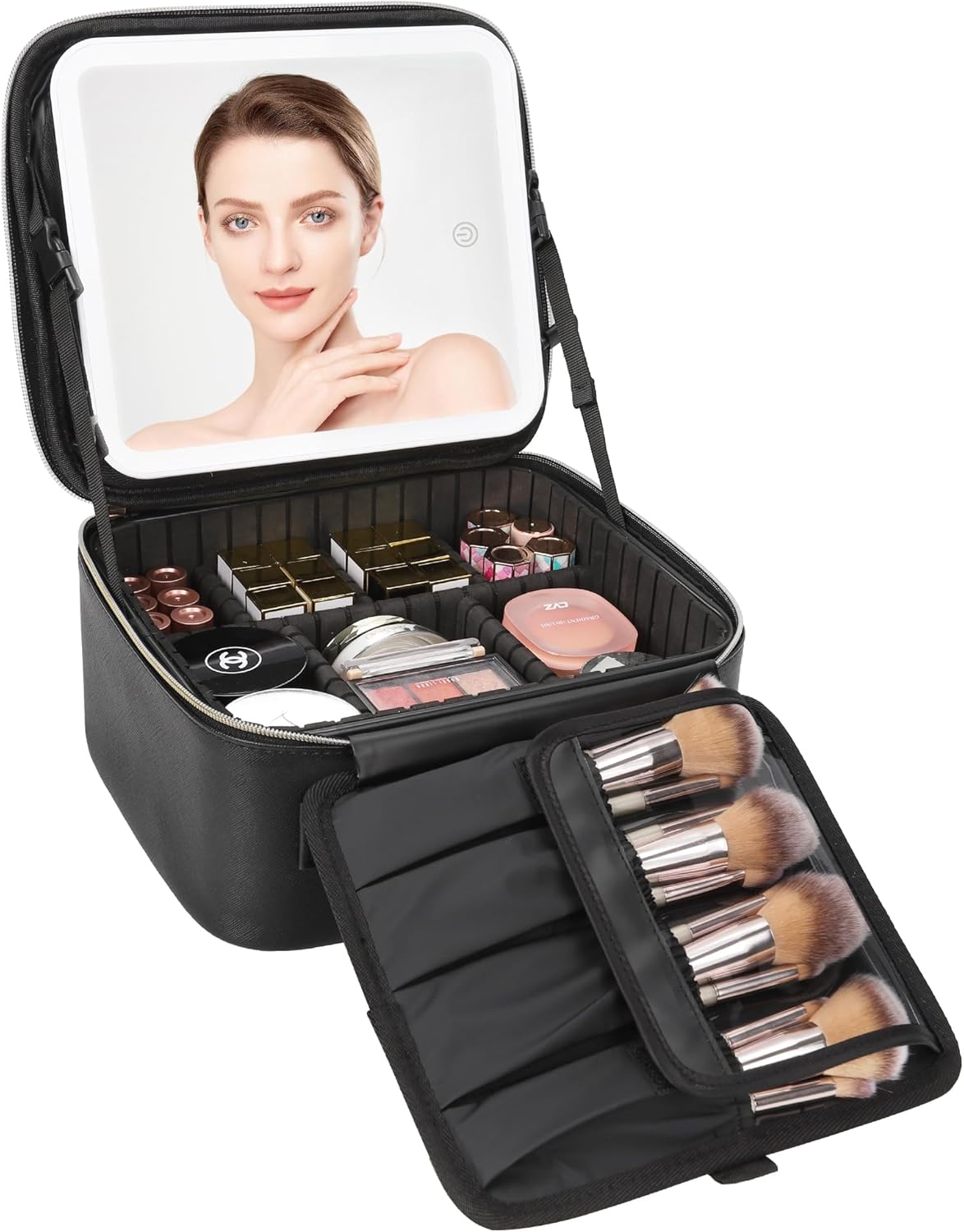 Travel Makeup Bag With LED Mirror, Cosmetic Train Case with Light up Mirror, Portable Makeup Artist Organizer Bag with Adjustable Dividers, Makeup Brush Holder Storage, Black