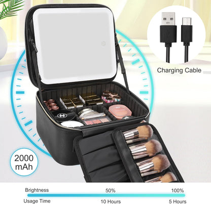 Travel Makeup Bag With LED Mirror, Cosmetic Train Case with Light up Mirror, Portable Makeup Artist Organizer Bag with Adjustable Dividers, Makeup Brush Holder Storage, Black