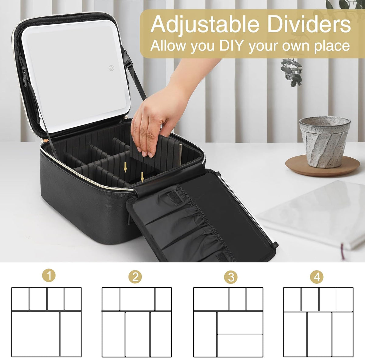 Travel Makeup Bag With LED Mirror, Cosmetic Train Case with Light up Mirror, Portable Makeup Artist Organizer Bag with Adjustable Dividers, Makeup Brush Holder Storage, Black