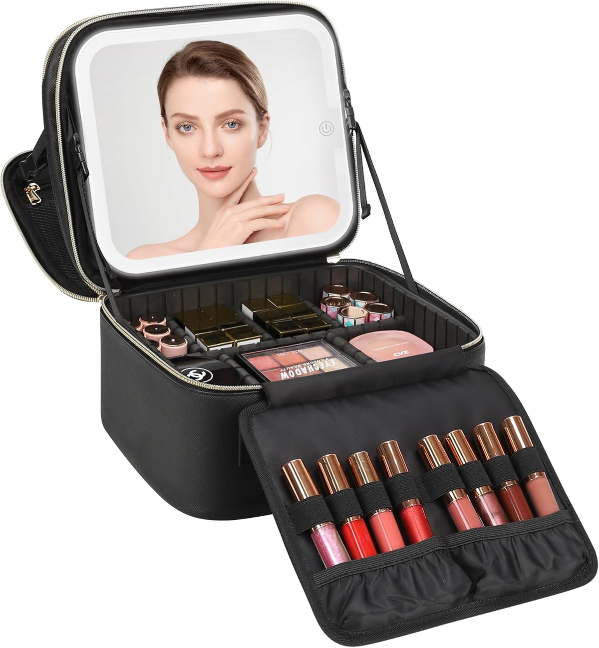 Travel Makeup Bag With LED Mirror, Cosmetic Train Case with Light up Mirror, Portable Makeup Artist Organizer Bag with Adjustable Dividers, Makeup Brush Holder Storage, Black