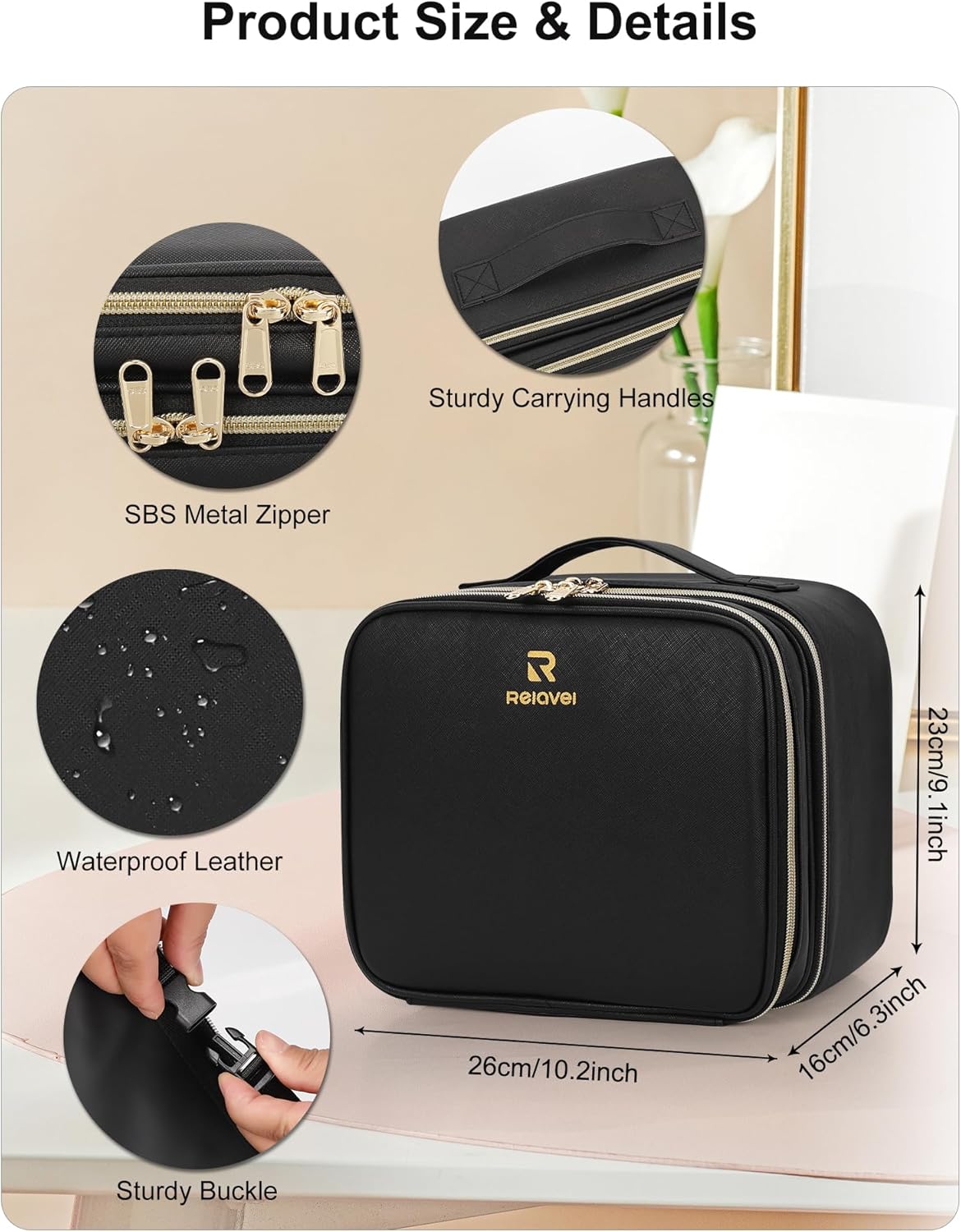 Travel Makeup Bag With LED Mirror, Cosmetic Train Case with Light up Mirror, Portable Makeup Artist Organizer Bag with Adjustable Dividers, Makeup Brush Holder Storage, Black
