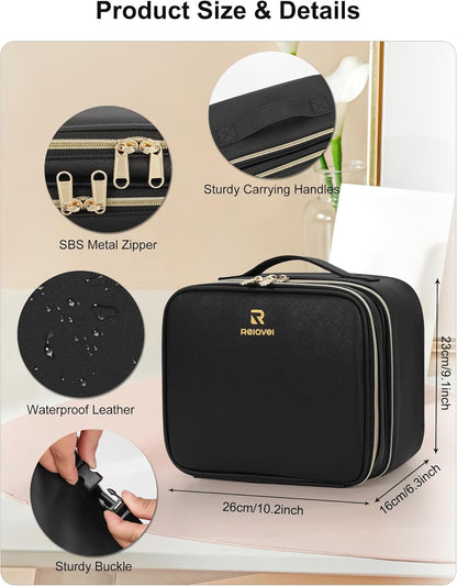 Travel Makeup Bag With LED Mirror, Cosmetic Train Case with Light up Mirror, Portable Makeup Artist Organizer Bag with Adjustable Dividers, Makeup Brush Holder Storage, Black