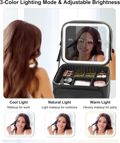 Travel Makeup Bag With LED Mirror, Cosmetic Train Case with Light up Mirror, Portable Makeup Artist Organizer Bag with Adjustable Dividers, Makeup Brush Holder Storage, Black