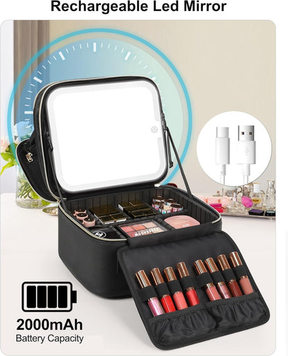 Travel Makeup Bag With LED Mirror, Cosmetic Train Case with Light up Mirror, Portable Makeup Artist Organizer Bag with Adjustable Dividers, Makeup Brush Holder Storage, Black
