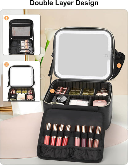 Travel Makeup Bag With LED Mirror, Cosmetic Train Case with Light up Mirror, Portable Makeup Artist Organizer Bag with Adjustable Dividers, Makeup Brush Holder Storage, Black