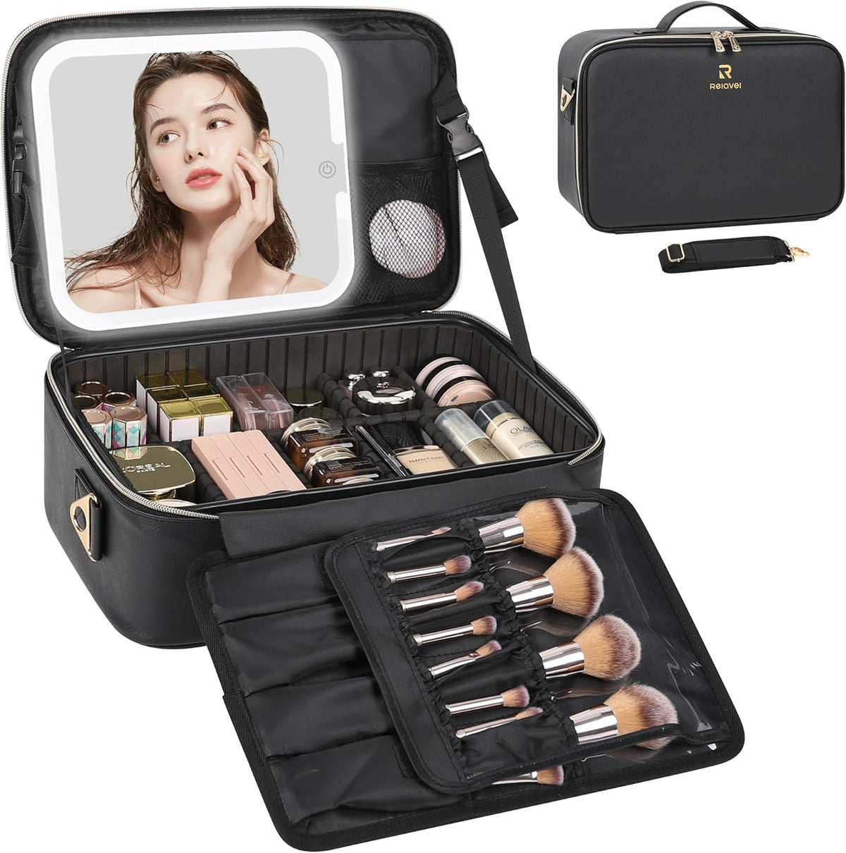 Travel Makeup Bag With LED Mirror, Cosmetic Train Case with Light up Mirror, Portable Makeup Artist Organizer Bag with Adjustable Dividers, Makeup Brush Holder Storage, Black