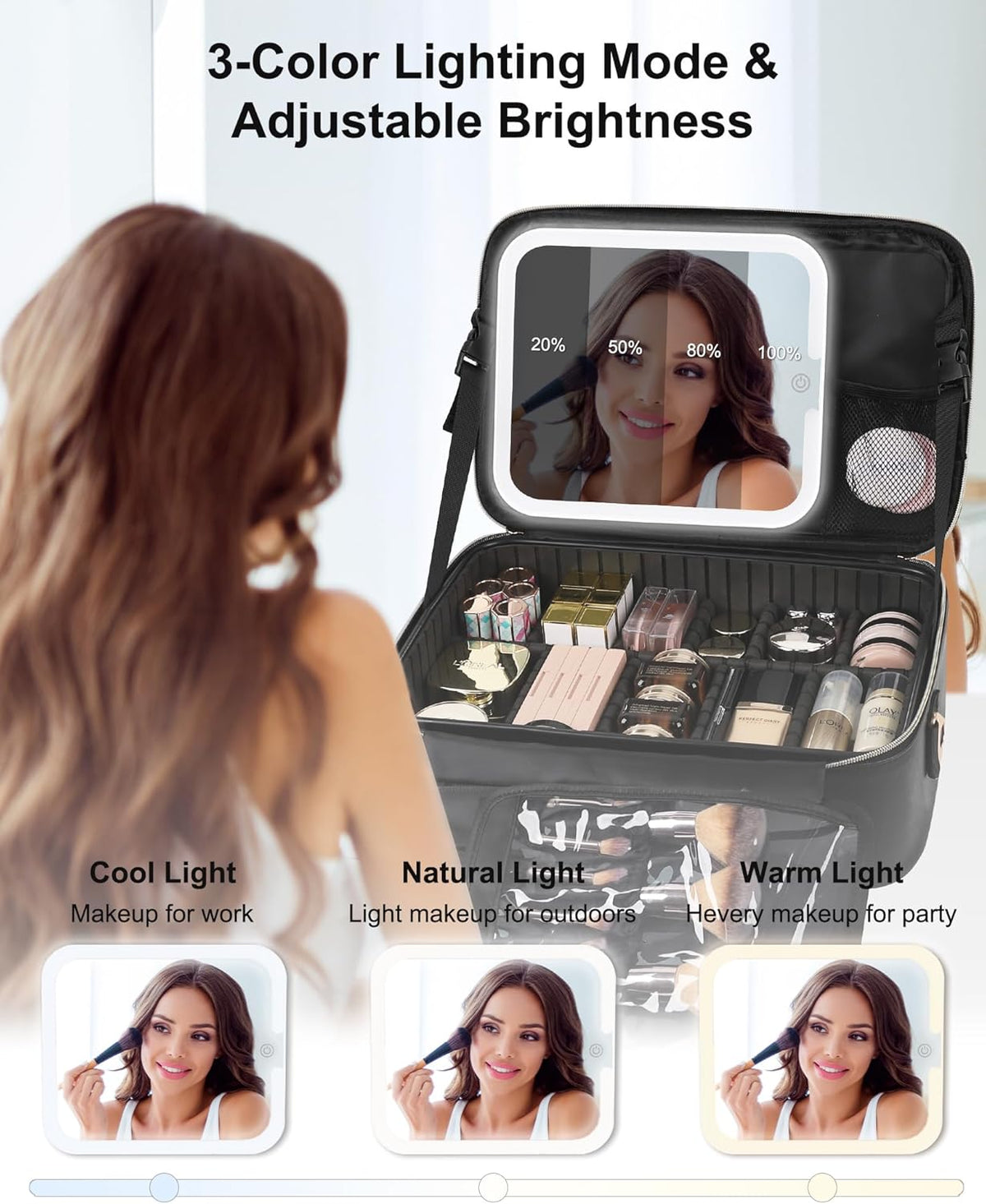 Travel Makeup Bag With LED Mirror, Cosmetic Train Case with Light up Mirror, Portable Makeup Artist Organizer Bag with Adjustable Dividers, Makeup Brush Holder Storage, Black