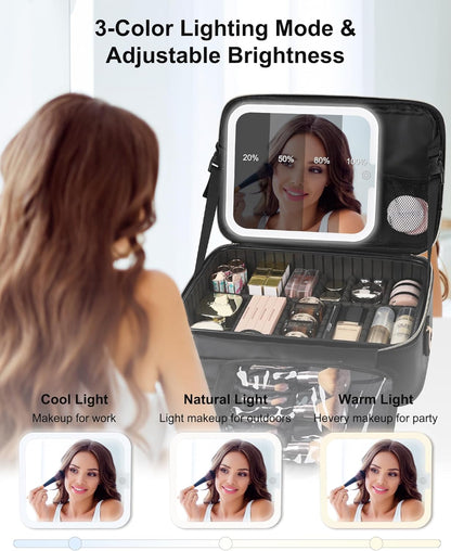 Travel Makeup Bag With LED Mirror, Cosmetic Train Case with Light up Mirror, Portable Makeup Artist Organizer Bag with Adjustable Dividers, Makeup Brush Holder Storage, Black