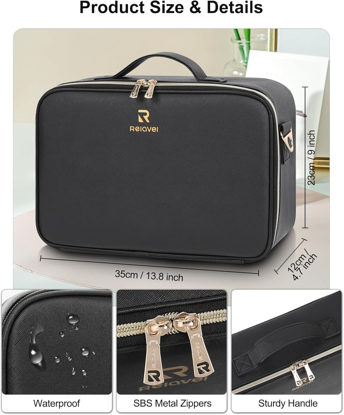 Travel Makeup Bag With LED Mirror, Cosmetic Train Case with Light up Mirror, Portable Makeup Artist Organizer Bag with Adjustable Dividers, Makeup Brush Holder Storage, Black