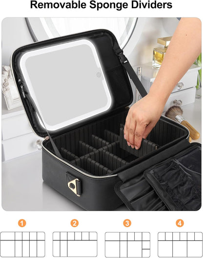Travel Makeup Bag With LED Mirror, Cosmetic Train Case with Light up Mirror, Portable Makeup Artist Organizer Bag with Adjustable Dividers, Makeup Brush Holder Storage, Black