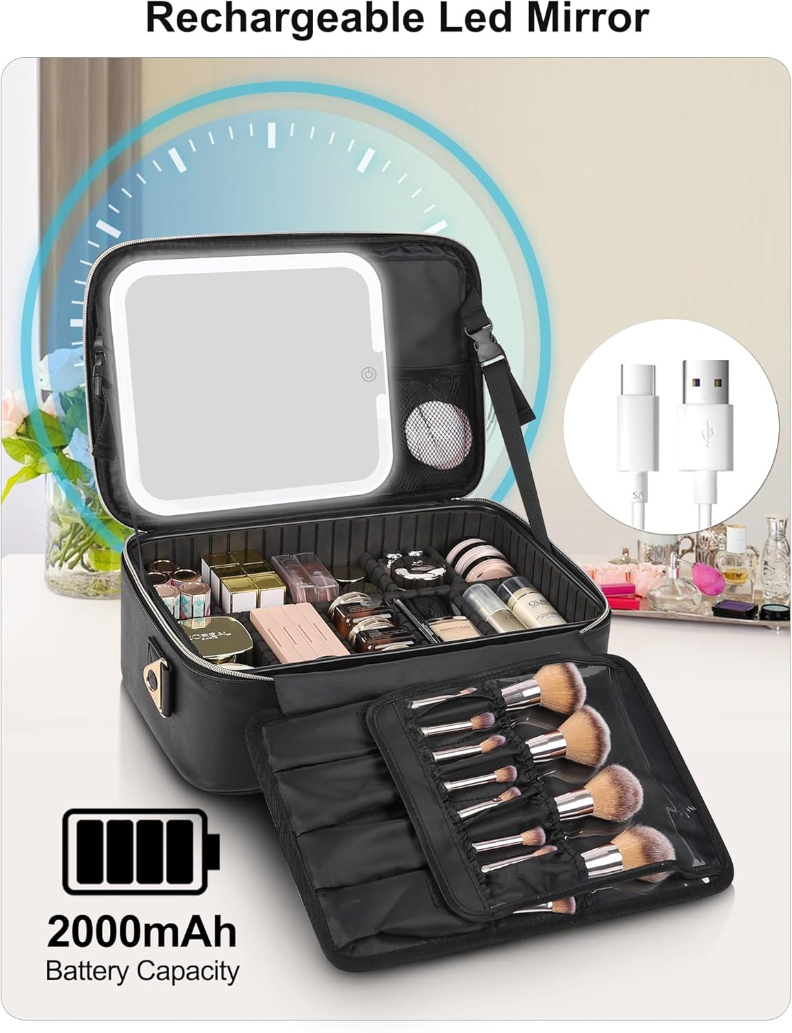 Travel Makeup Bag With LED Mirror, Cosmetic Train Case with Light up Mirror, Portable Makeup Artist Organizer Bag with Adjustable Dividers, Makeup Brush Holder Storage, Black