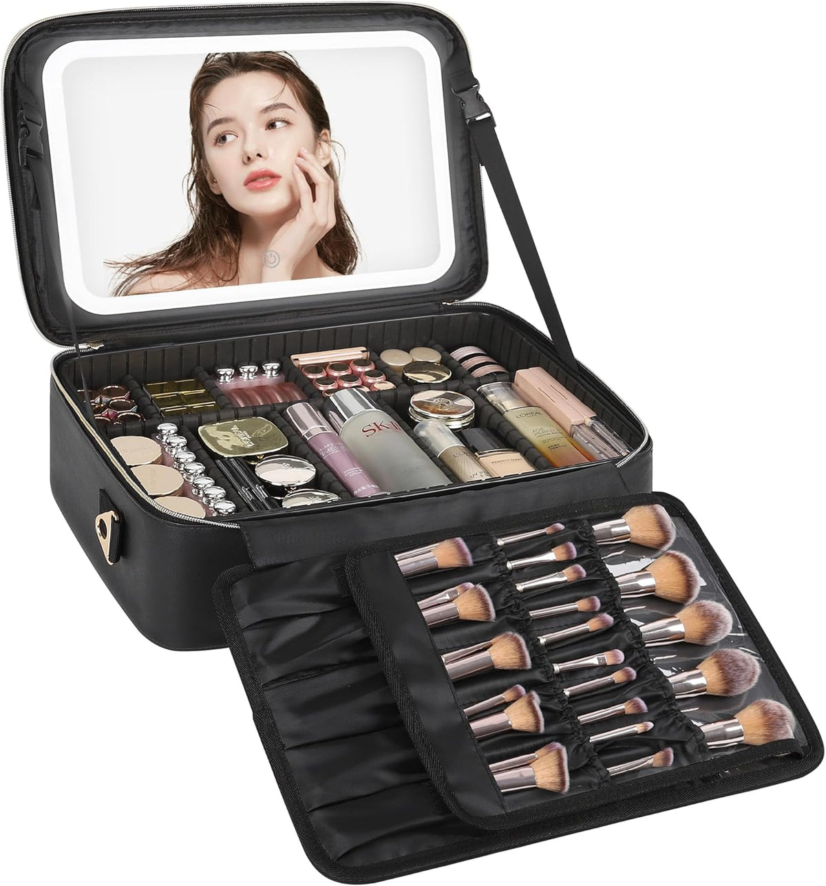 Travel Makeup Bag With LED Mirror, Cosmetic Train Case with Light up Mirror, Portable Makeup Artist Organizer Bag with Adjustable Dividers, Makeup Brush Holder Storage, Black