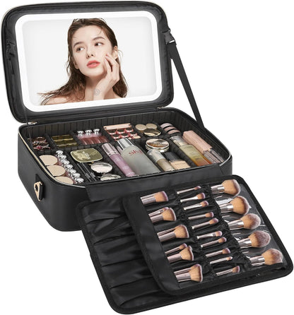 Travel Makeup Bag With LED Mirror, Cosmetic Train Case with Light up Mirror, Portable Makeup Artist Organizer Bag with Adjustable Dividers, Makeup Brush Holder Storage, Black