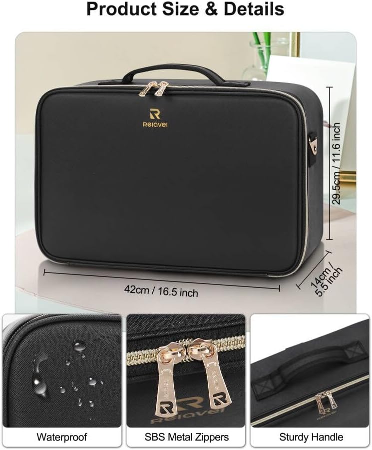 Travel Makeup Bag With LED Mirror, Cosmetic Train Case with Light up Mirror, Portable Makeup Artist Organizer Bag with Adjustable Dividers, Makeup Brush Holder Storage, Black