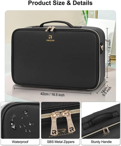 Travel Makeup Bag With LED Mirror, Cosmetic Train Case with Light up Mirror, Portable Makeup Artist Organizer Bag with Adjustable Dividers, Makeup Brush Holder Storage, Black