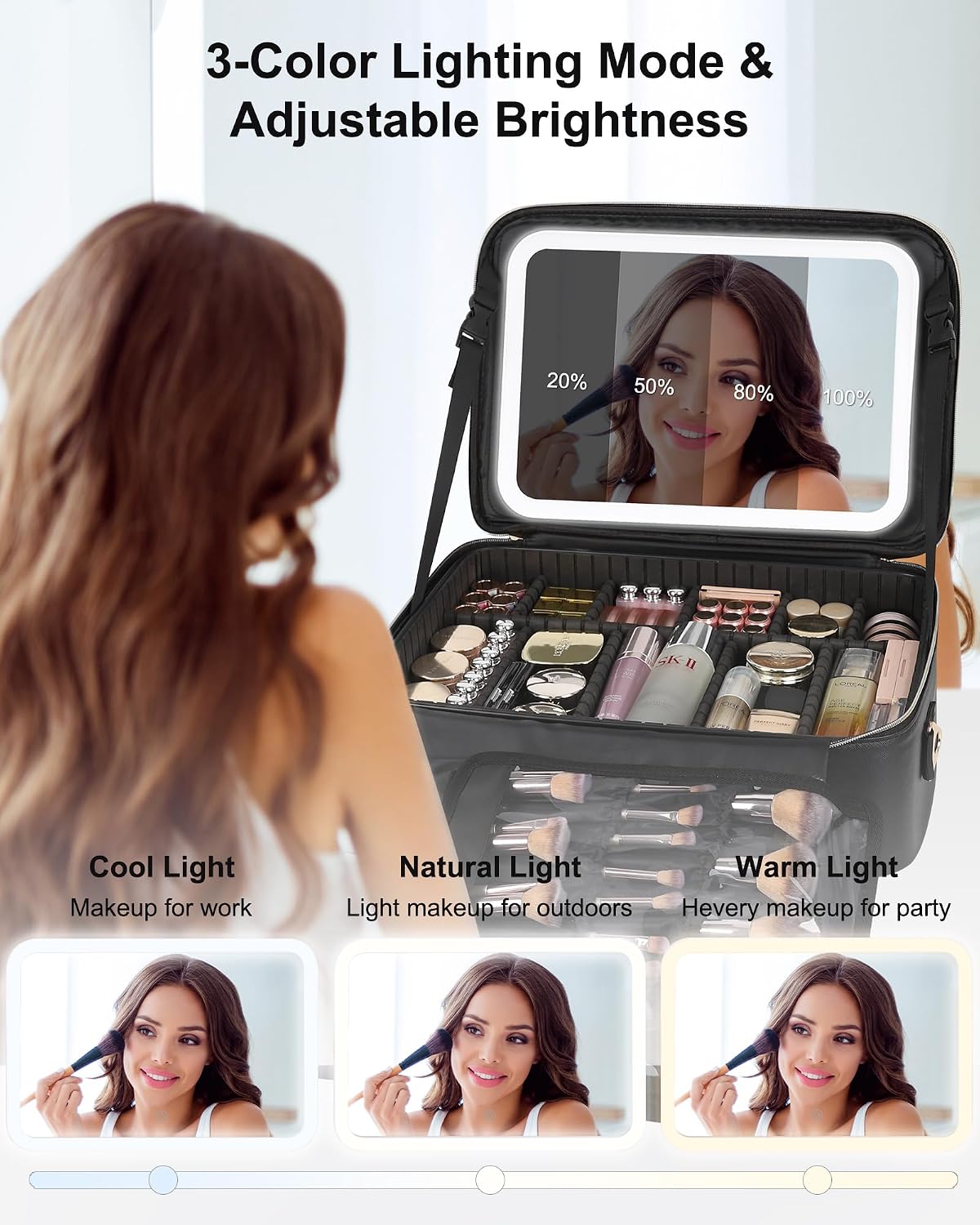 Travel Makeup Bag With LED Mirror, Cosmetic Train Case with Light up Mirror, Portable Makeup Artist Organizer Bag with Adjustable Dividers, Makeup Brush Holder Storage, Black