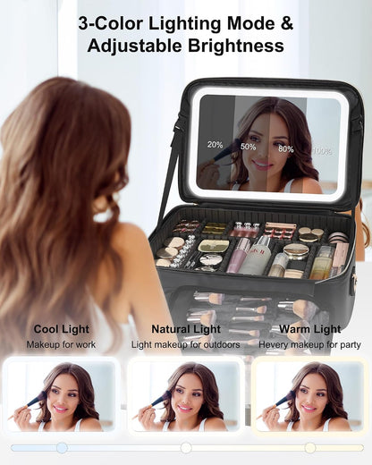 Travel Makeup Bag With LED Mirror, Cosmetic Train Case with Light up Mirror, Portable Makeup Artist Organizer Bag with Adjustable Dividers, Makeup Brush Holder Storage, Black