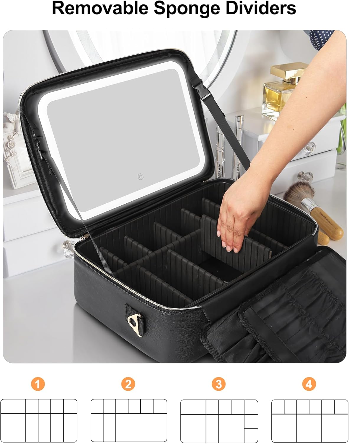 Travel Makeup Bag With LED Mirror, Cosmetic Train Case with Light up Mirror, Portable Makeup Artist Organizer Bag with Adjustable Dividers, Makeup Brush Holder Storage, Black