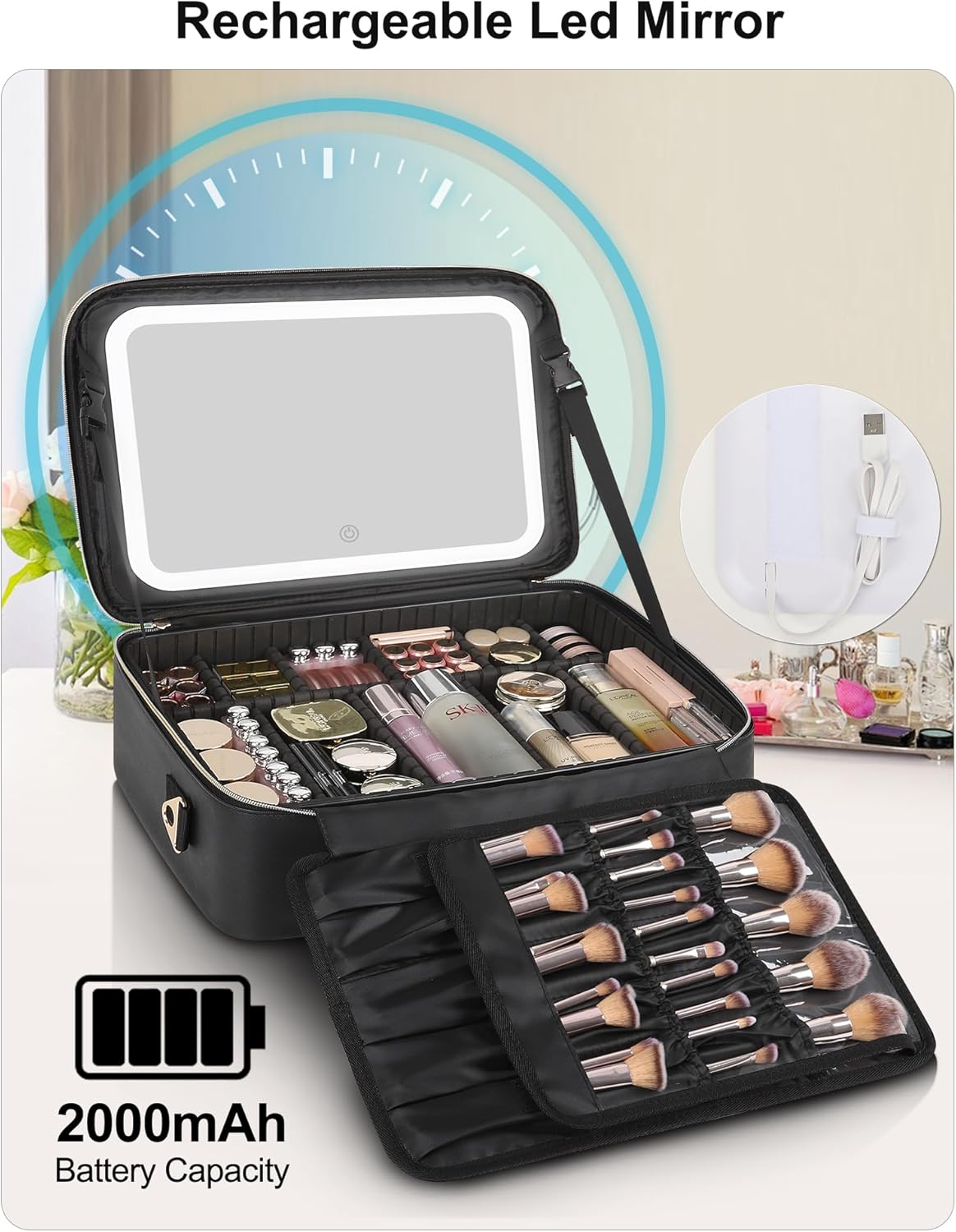 Travel Makeup Bag With LED Mirror, Cosmetic Train Case with Light up Mirror, Portable Makeup Artist Organizer Bag with Adjustable Dividers, Makeup Brush Holder Storage, Black