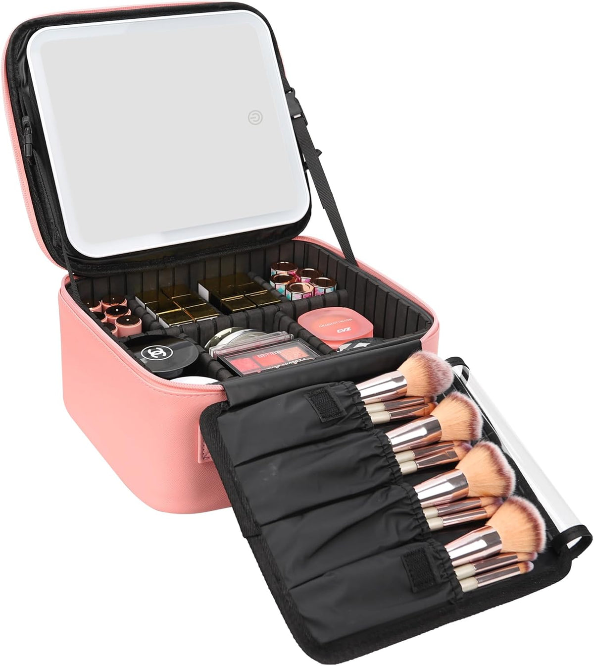 Travel Makeup Bag With LED Mirror, Cosmetic Train Case with Light up Mirror, Portable Makeup Artist Organizer Bag with Adjustable Dividers, Makeup Brush Holder Storage, Black