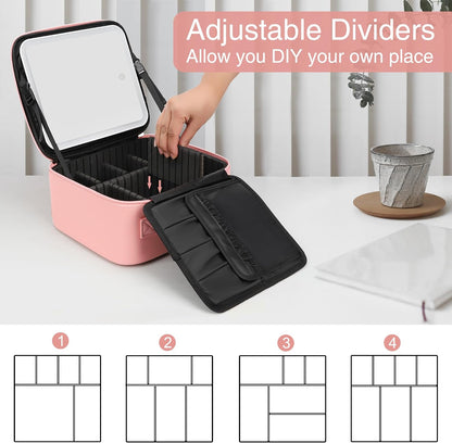 Travel Makeup Bag With LED Mirror, Cosmetic Train Case with Light up Mirror, Portable Makeup Artist Organizer Bag with Adjustable Dividers, Makeup Brush Holder Storage, Black