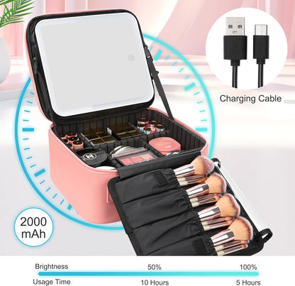 Travel Makeup Bag With LED Mirror, Cosmetic Train Case with Light up Mirror, Portable Makeup Artist Organizer Bag with Adjustable Dividers, Makeup Brush Holder Storage, Black