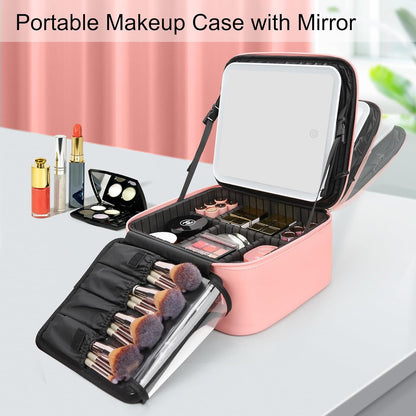 Travel Makeup Bag With LED Mirror, Cosmetic Train Case with Light up Mirror, Portable Makeup Artist Organizer Bag with Adjustable Dividers, Makeup Brush Holder Storage, Black