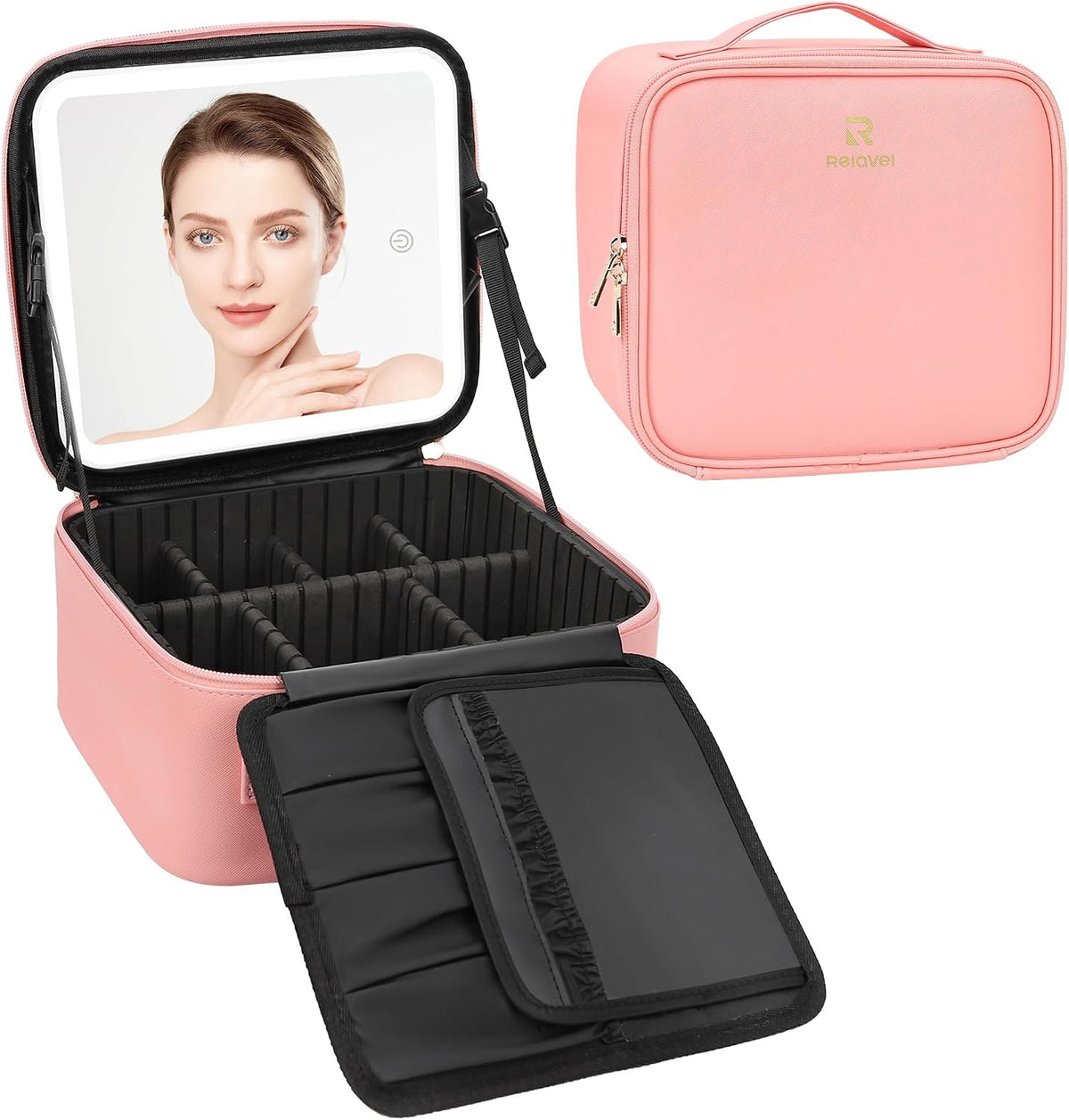 Travel Makeup Bag With LED Mirror, Cosmetic Train Case with Light up Mirror, Portable Makeup Artist Organizer Bag with Adjustable Dividers, Makeup Brush Holder Storage, Black
