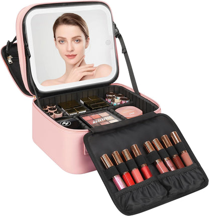 Travel Makeup Bag With LED Mirror, Cosmetic Train Case with Light up Mirror, Portable Makeup Artist Organizer Bag with Adjustable Dividers, Makeup Brush Holder Storage, Black