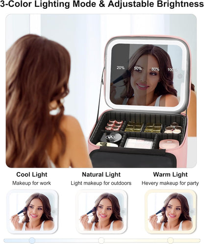 Travel Makeup Bag With LED Mirror, Cosmetic Train Case with Light up Mirror, Portable Makeup Artist Organizer Bag with Adjustable Dividers, Makeup Brush Holder Storage, Black
