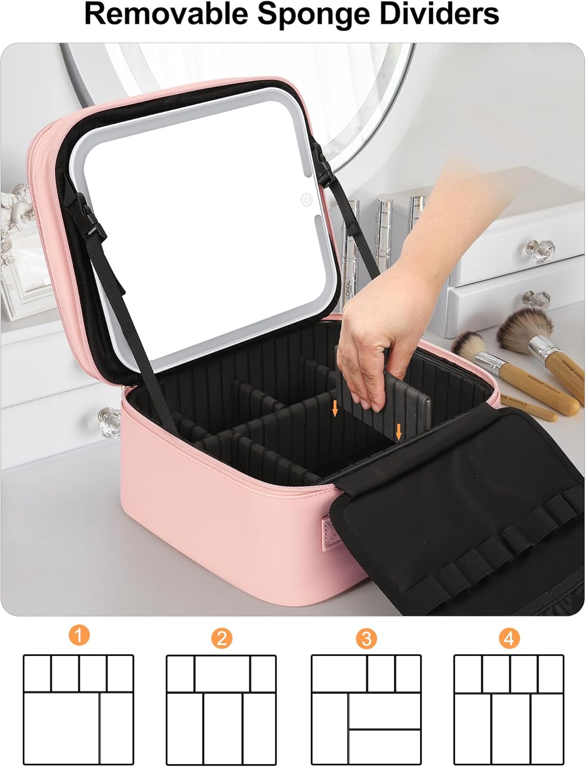 Travel Makeup Bag With LED Mirror, Cosmetic Train Case with Light up Mirror, Portable Makeup Artist Organizer Bag with Adjustable Dividers, Makeup Brush Holder Storage, Black