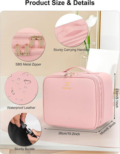 Travel Makeup Bag With LED Mirror, Cosmetic Train Case with Light up Mirror, Portable Makeup Artist Organizer Bag with Adjustable Dividers, Makeup Brush Holder Storage, Black