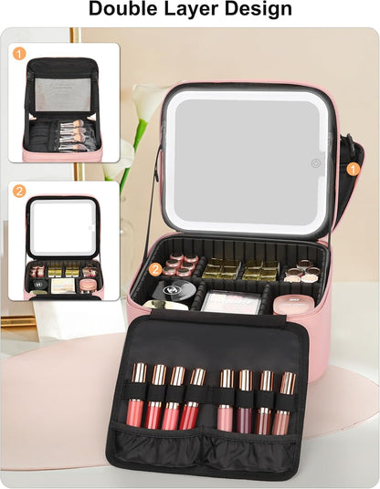 Travel Makeup Bag With LED Mirror, Cosmetic Train Case with Light up Mirror, Portable Makeup Artist Organizer Bag with Adjustable Dividers, Makeup Brush Holder Storage, Black