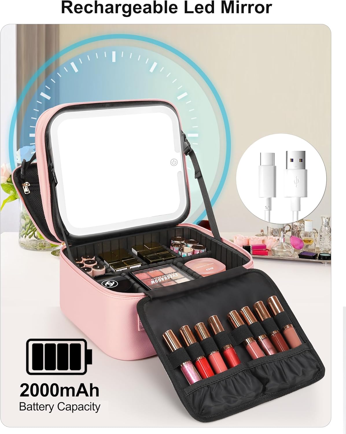 Travel Makeup Bag With LED Mirror, Cosmetic Train Case with Light up Mirror, Portable Makeup Artist Organizer Bag with Adjustable Dividers, Makeup Brush Holder Storage, Black