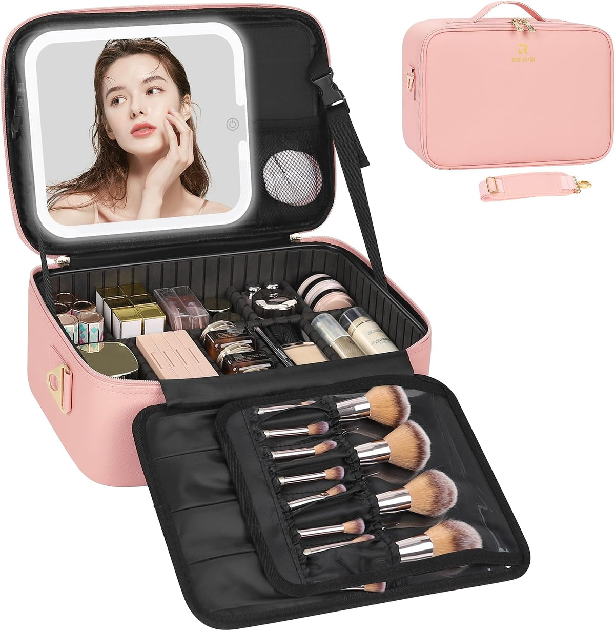 Travel Makeup Bag With LED Mirror, Cosmetic Train Case with Light up Mirror, Portable Makeup Artist Organizer Bag with Adjustable Dividers, Makeup Brush Holder Storage, Black