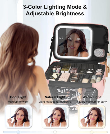 Travel Makeup Bag With LED Mirror, Cosmetic Train Case with Light up Mirror, Portable Makeup Artist Organizer Bag with Adjustable Dividers, Makeup Brush Holder Storage, Black
