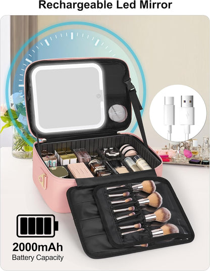 Travel Makeup Bag With LED Mirror, Cosmetic Train Case with Light up Mirror, Portable Makeup Artist Organizer Bag with Adjustable Dividers, Makeup Brush Holder Storage, Black