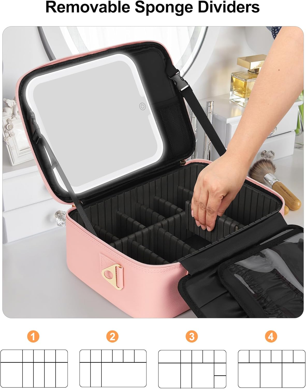 Travel Makeup Bag With LED Mirror, Cosmetic Train Case with Light up Mirror, Portable Makeup Artist Organizer Bag with Adjustable Dividers, Makeup Brush Holder Storage, Black