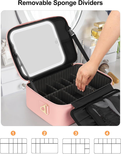 Travel Makeup Bag With LED Mirror, Cosmetic Train Case with Light up Mirror, Portable Makeup Artist Organizer Bag with Adjustable Dividers, Makeup Brush Holder Storage, Black