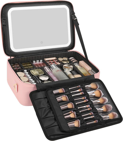 Travel Makeup Bag With LED Mirror, Cosmetic Train Case with Light up Mirror, Portable Makeup Artist Organizer Bag with Adjustable Dividers, Makeup Brush Holder Storage, Black