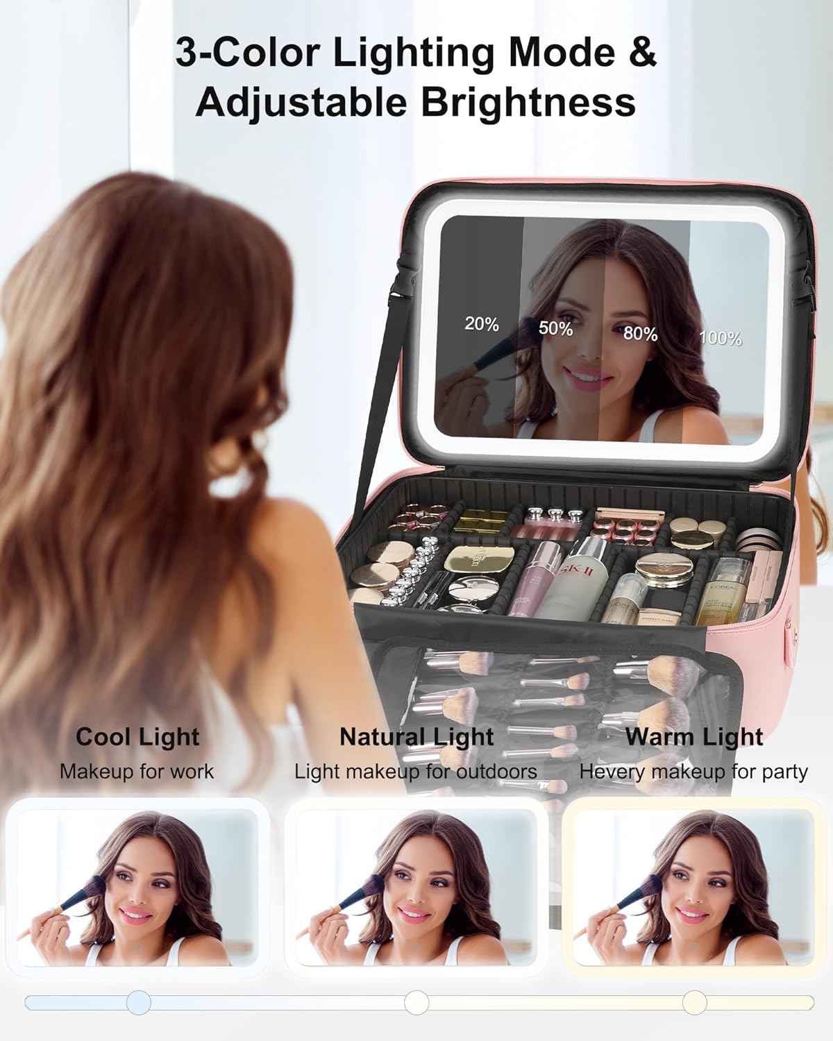 Travel Makeup Bag With LED Mirror, Cosmetic Train Case with Light up Mirror, Portable Makeup Artist Organizer Bag with Adjustable Dividers, Makeup Brush Holder Storage, Black