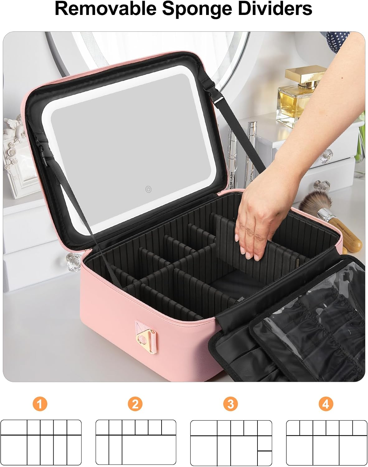 Travel Makeup Bag With LED Mirror, Cosmetic Train Case with Light up Mirror, Portable Makeup Artist Organizer Bag with Adjustable Dividers, Makeup Brush Holder Storage, Black